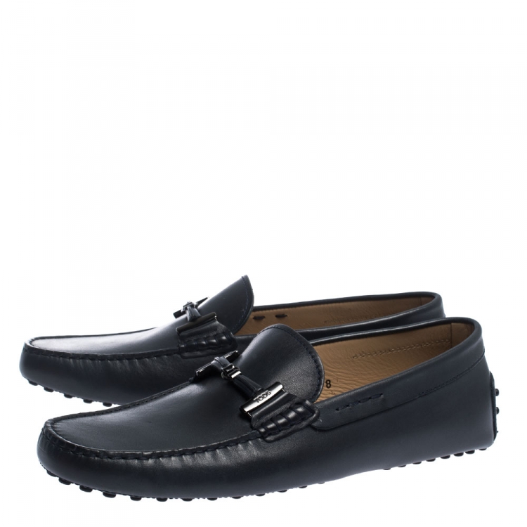 Pre Owned Tod's Dark Grey Leather Double T Slip On Loafers Size 42