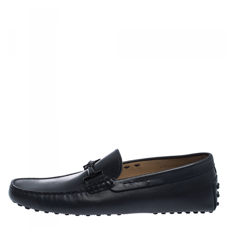 Pre Owned Tod's Dark Grey Leather Double T Slip On Loafers Size 42