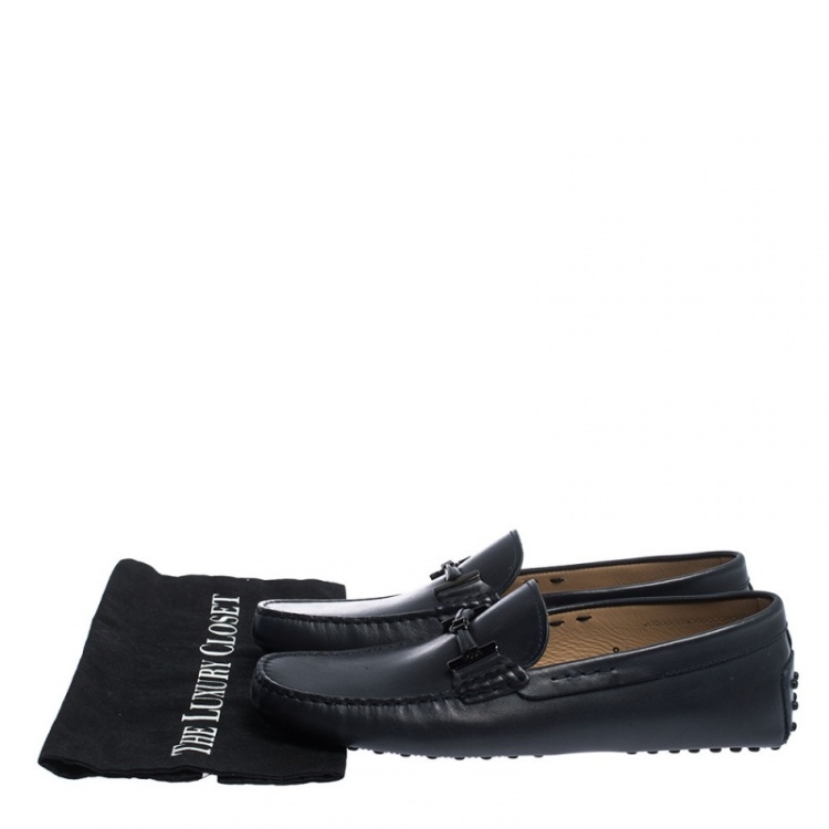 Pre Owned Tod's Dark Grey Leather Double T Slip On Loafers Size 42