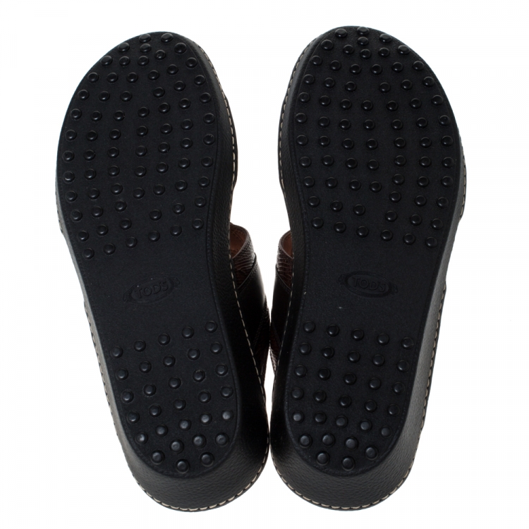 Pre Owned Tod's Black Leather And Lizard Embossed Trim Platform Slide Sandals Size 39.5
