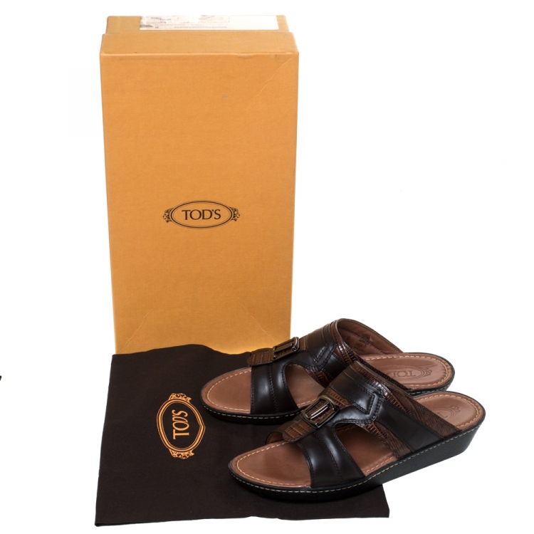 Pre Owned Tod's Black Leather And Lizard Embossed Trim Platform Slide Sandals Size 39.5