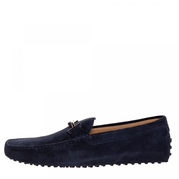 Pre Owned Tod's Blue Suede Leather Double T Slip On Loafers Size 44