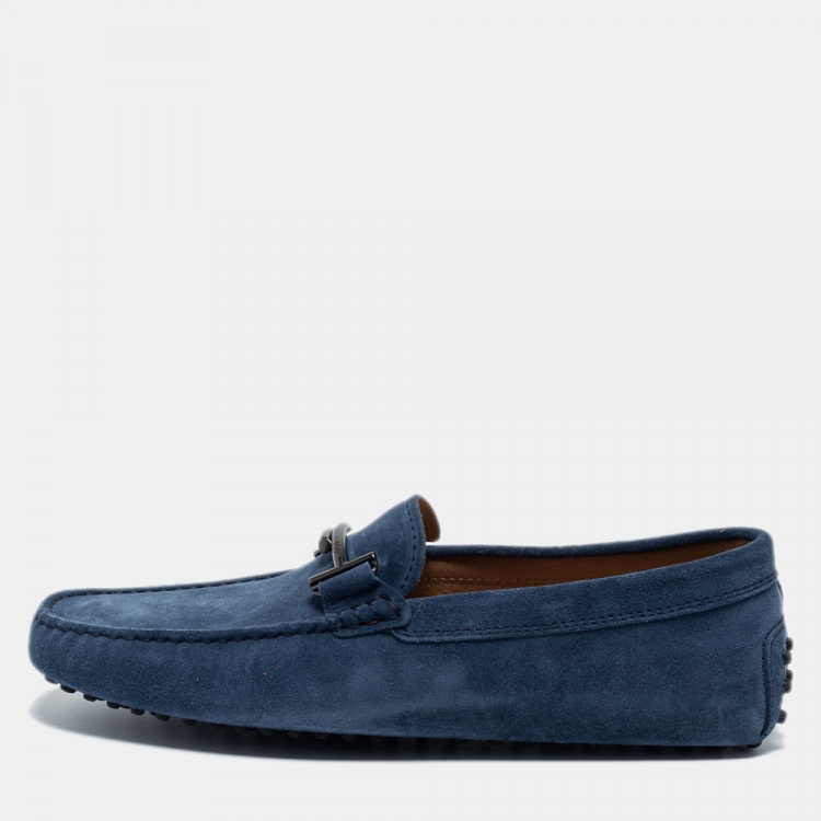 مملوكة مسبقًا Tod's Navy Blue Suede Double T Slip On Loafers Size 41.5 