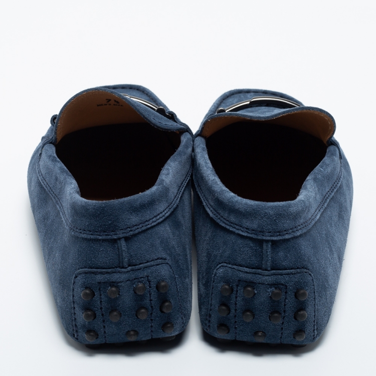 مملوكة مسبقًا Tod's Navy Blue Suede Double T Slip On Loafers Size 41.5 