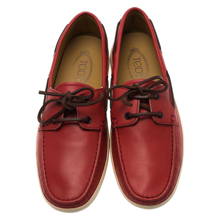Pre Owned Tod's Red Leather Marlin Barca Hyannisport Boat Loafers Size 42.5