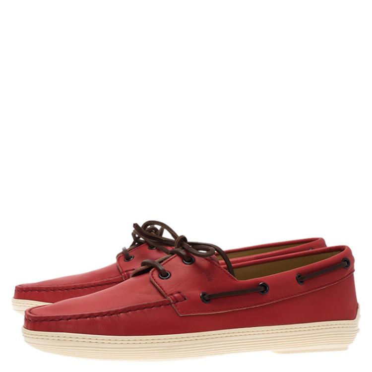 Pre Owned Tod's Red Leather Marlin Barca Hyannisport Boat Loafers Size 42.5