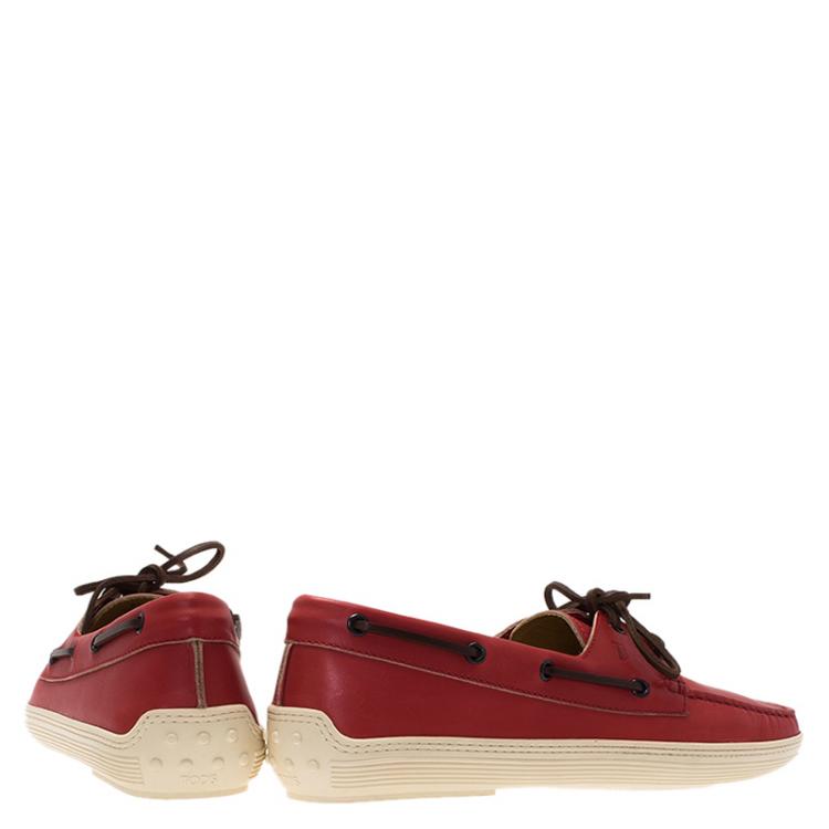 Pre Owned Tod's Red Leather Marlin Barca Hyannisport Boat Loafers Size 42.5