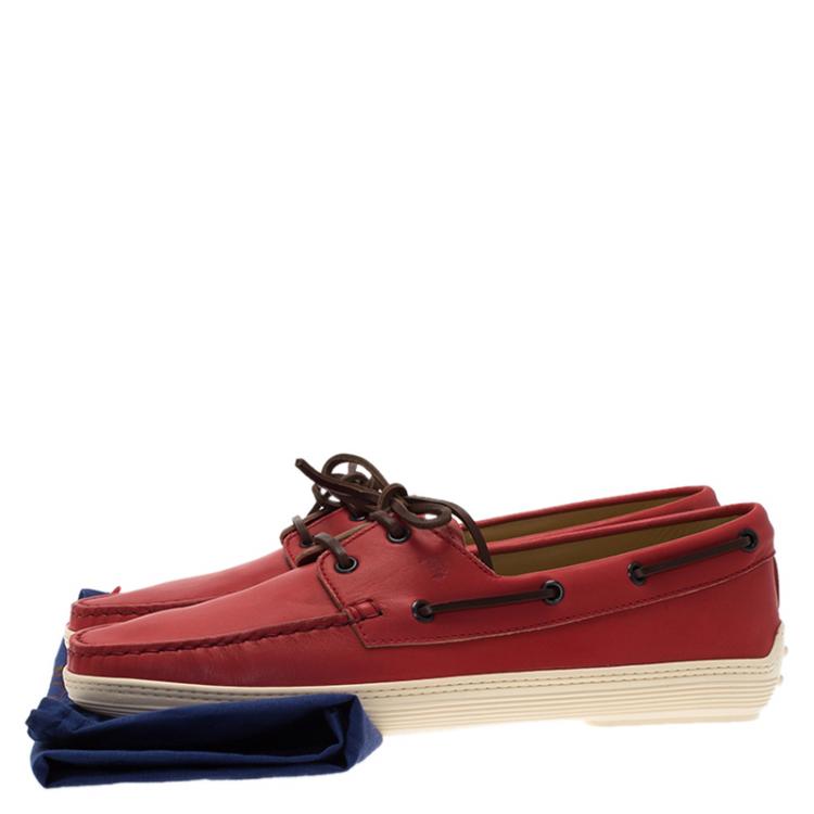 Pre Owned Tod's Red Leather Marlin Barca Hyannisport Boat Loafers Size 42.5