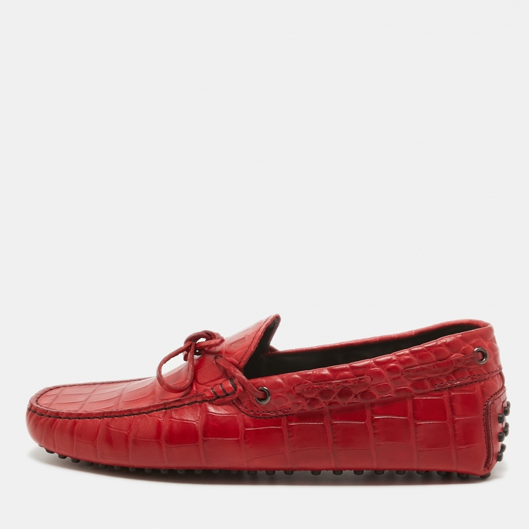 Pre Owned Tod's Red Croc Embossed Leather Bow Slip On Loafers Size 41.5