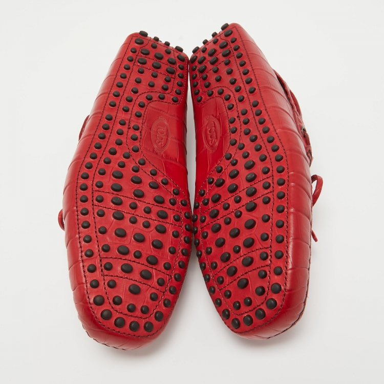 Pre Owned Tod's Red Croc Embossed Leather Bow Slip On Loafers Size 41.5