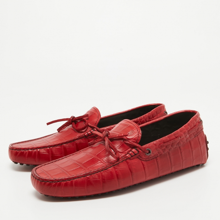 Pre Owned Tod's Red Croc Embossed Leather Bow Slip On Loafers Size 41.5
