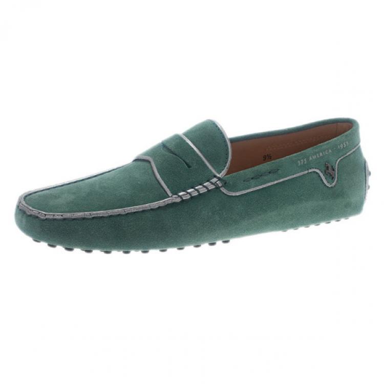 Pre Owned Tod's for Ferrari Limited Edition Green Suede Loafers Size 43.5