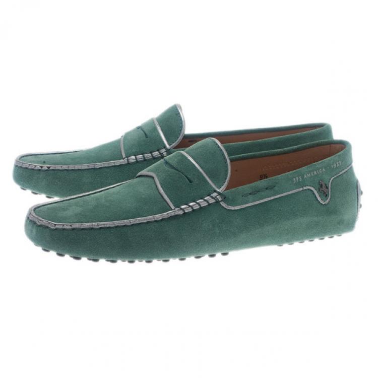 Pre Owned Tod's for Ferrari Limited Edition Green Suede Loafers Size 43.5