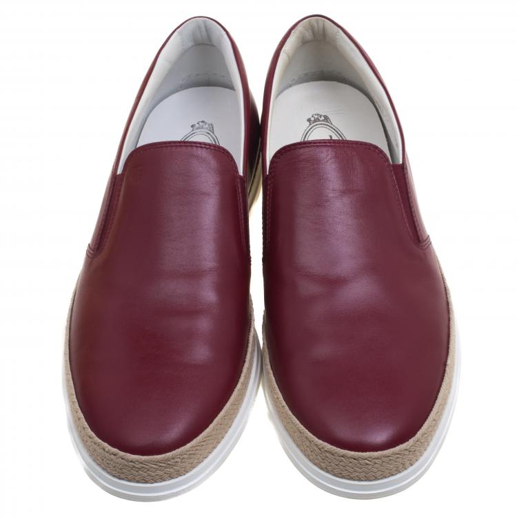 Pre Owned Tod's Burgundy Leather Espadrille Slip On Sneakers Size 42