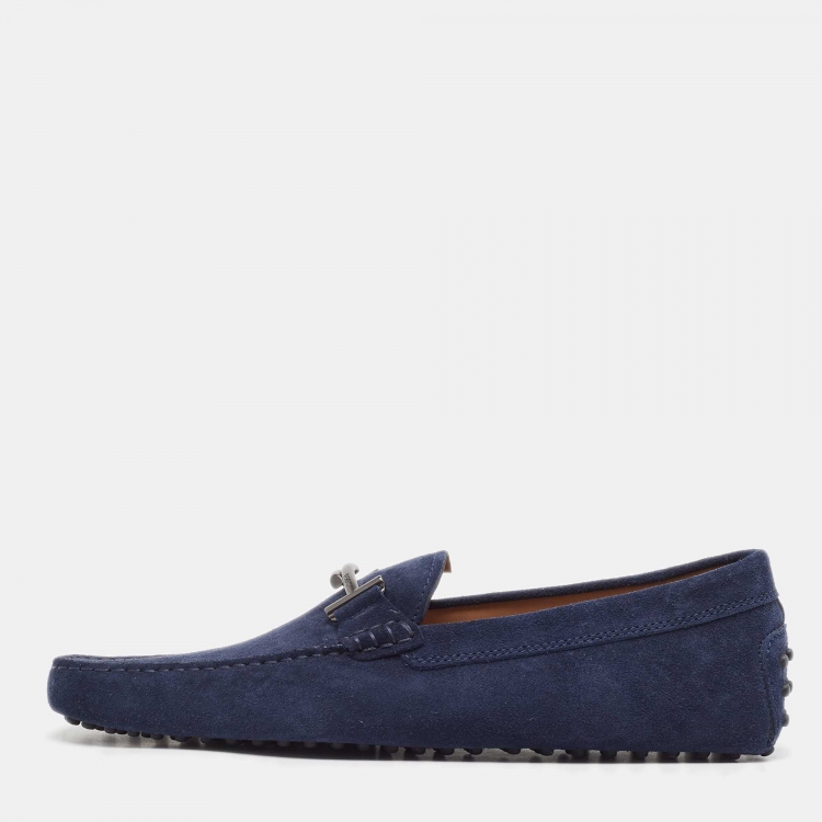 Pre Owned Tod's Navy Blue Suede Double T Buckle Loafers Size 44
