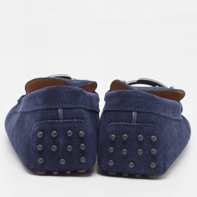 Pre Owned Tod's Navy Blue Suede Double T Buckle Loafers Size 44