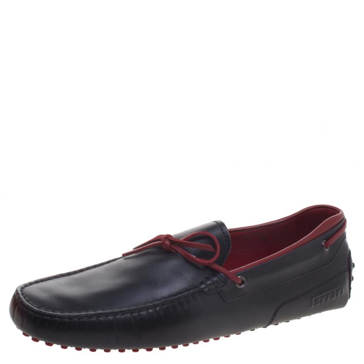 Pre Owned Tod's For Ferrari Black and Red Leather Bow Loafers Size 44.5
