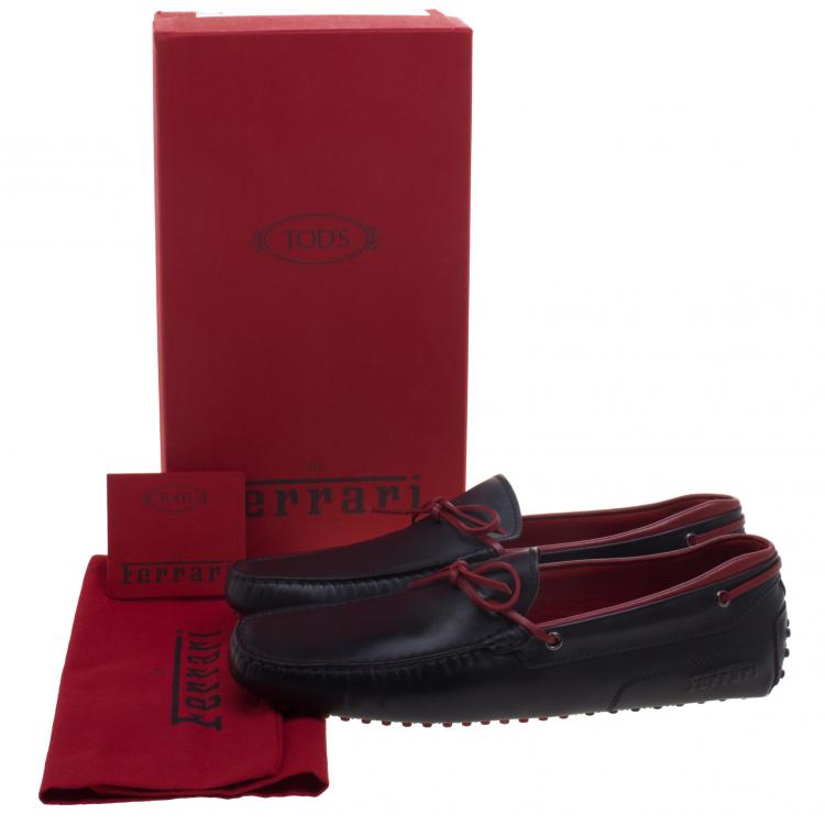 Pre Owned Tod's For Ferrari Black and Red Leather Bow Loafers Size 44.5