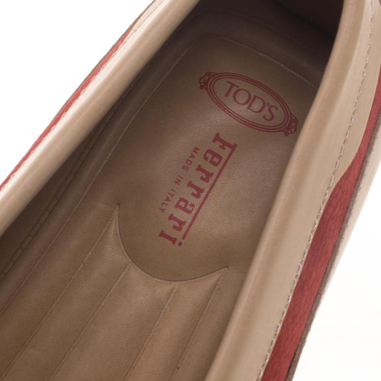 Pre Owned Tod's For Ferrari Red And Beige Leather Bow Loafers Size 42