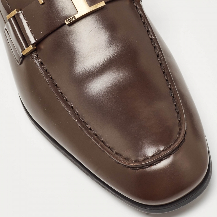 Pre Owned Tod's Brown Leather T Timeless Slip On Loafers Size 45.5