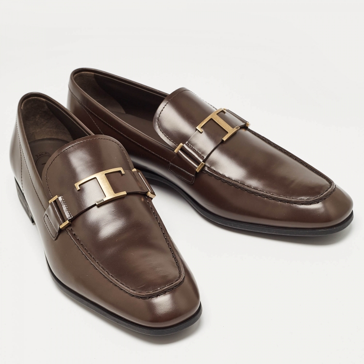 Pre Owned Tod's Brown Leather T Timeless Slip On Loafers Size 45.5