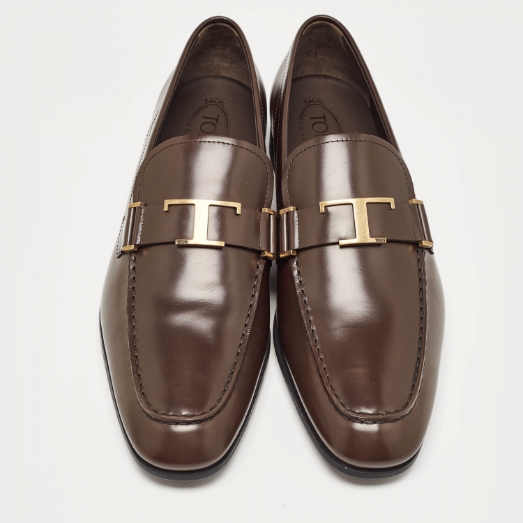 Pre Owned Tod's Brown Leather T Timeless Slip On Loafers Size 45.5
