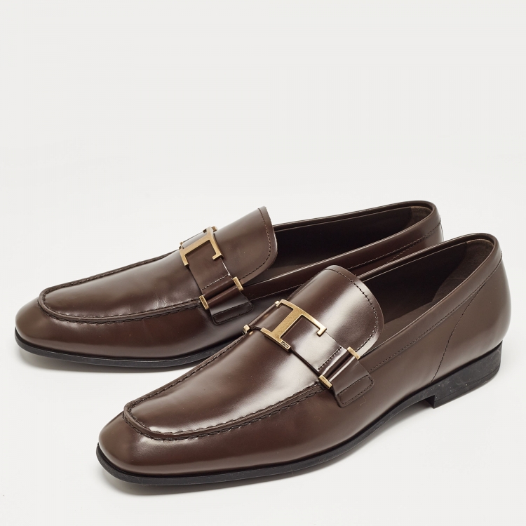Pre Owned Tod's Brown Leather T Timeless Slip On Loafers Size 45.5