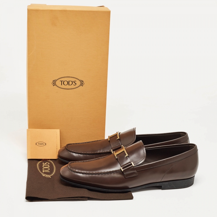 Pre Owned Tod's Brown Leather T Timeless Slip On Loafers Size 45.5