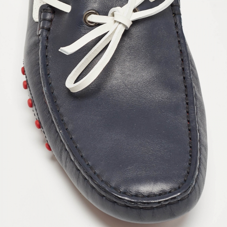 Pre Owned Tod's For Ferrari Navy Blue/White Perforated Leather Bow Loafers Size 42
