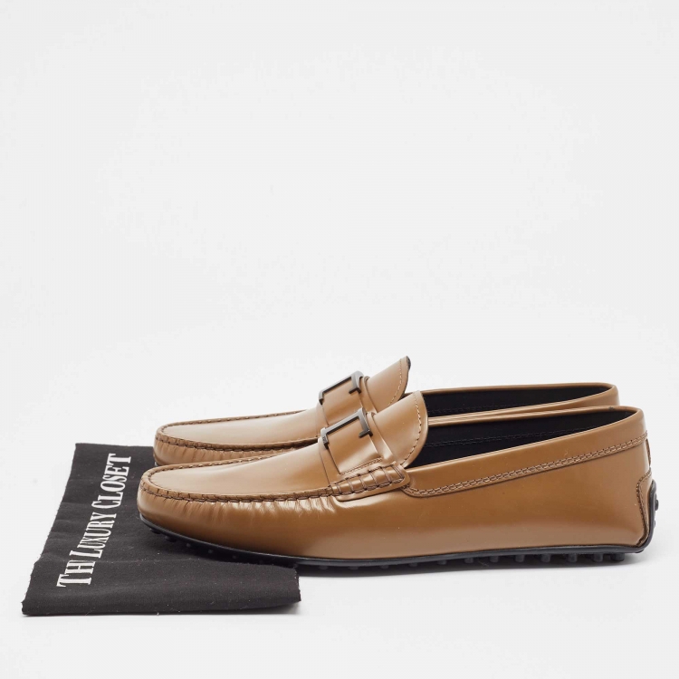 Pre Owned Tod's Brown Leather LT Logo Loafers Size 44
