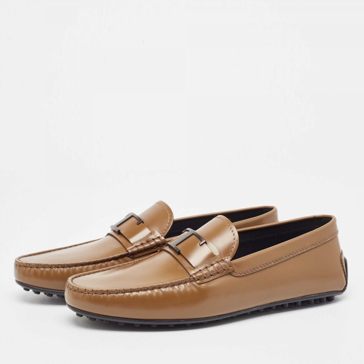 Pre Owned Tod's Brown Leather LT Logo Loafers Size 44