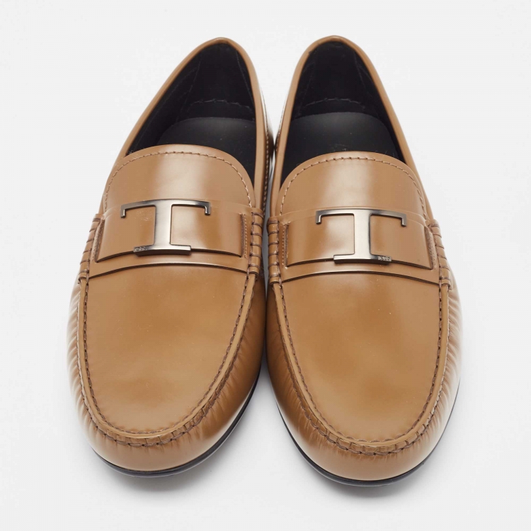 Pre Owned Tod's Brown Leather LT Logo Loafers Size 44