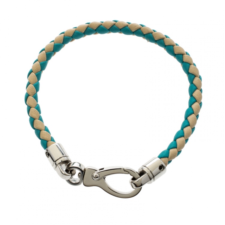 Pre Owned Tod's Cream / Blue  Woven Leather Silver Tone Bracelet 18cm