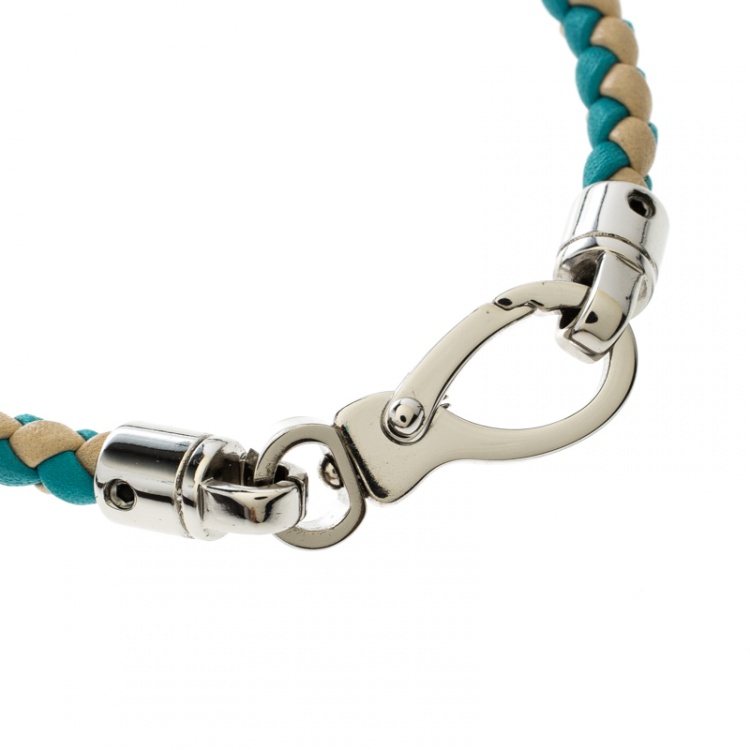 Pre Owned Tod's Cream / Blue  Woven Leather Silver Tone Bracelet 18cm