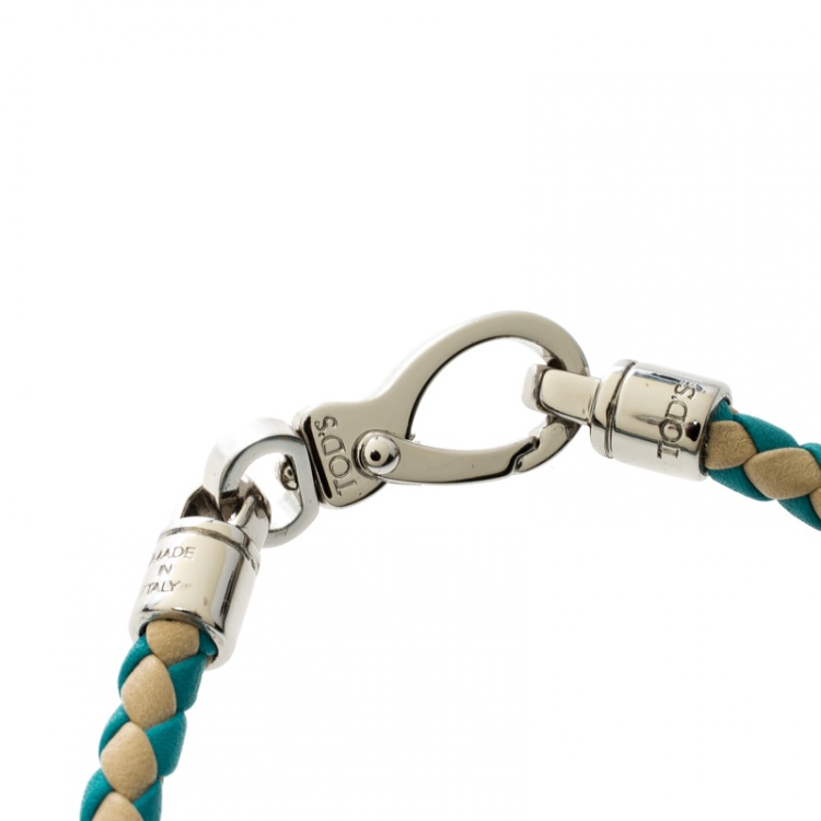 Pre Owned Tod's Cream / Blue  Woven Leather Silver Tone Bracelet 18cm