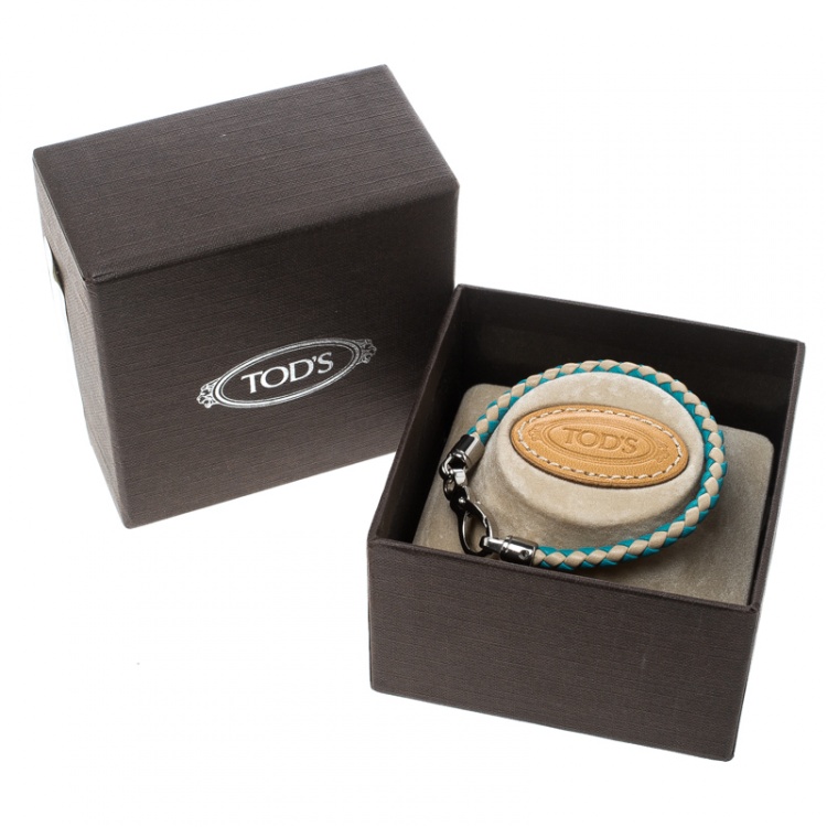Pre Owned Tod's Cream / Blue  Woven Leather Silver Tone Bracelet 18cm