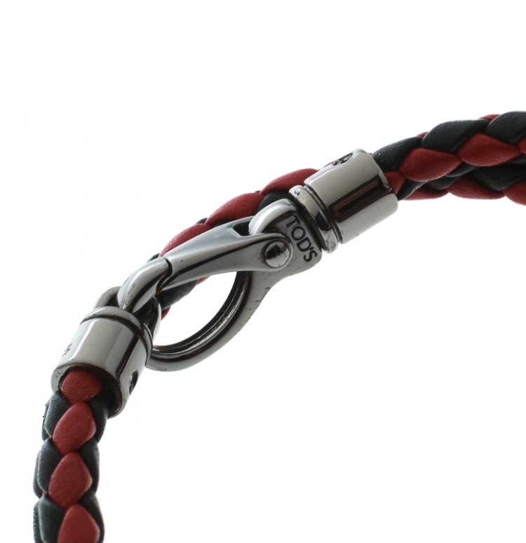 Pre Owned Tod's Red / Black Braided Leather Double Wrap Bracelet
