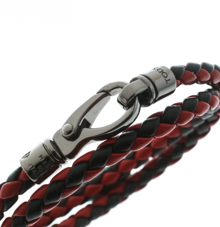Pre Owned Tod's Red / Black Braided Leather Double Wrap Bracelet