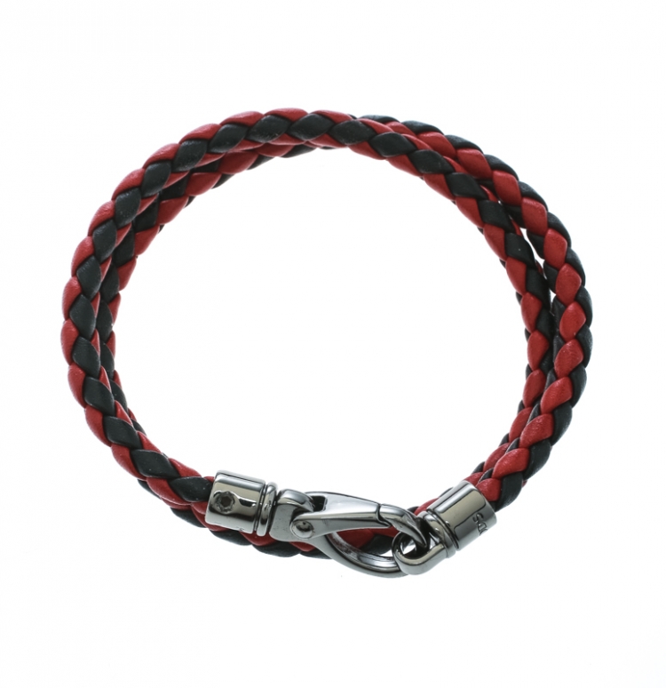 Pre Owned Tod's Red / Black Braided Leather Double Wrap Bracelet