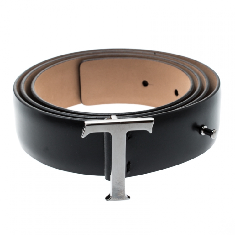Pre Owned Tod's Black Leather T Buckle Belt 95CM