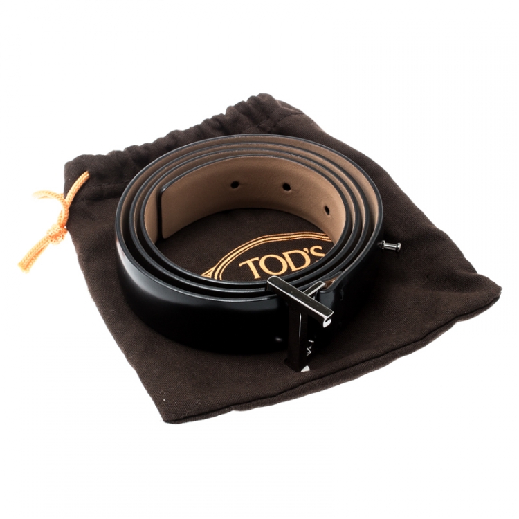 Pre Owned Tod's Black Leather T Buckle Belt 95CM
