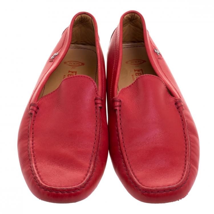 Pre Owned Tod's For Ferrari Red Leather Loafers Size 44.5