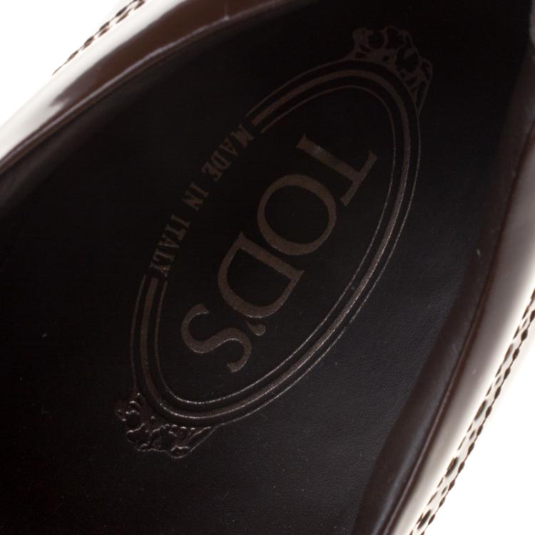 Pre Owned Tod's Brown Patent Brogue Leather Slip Ons Size 43