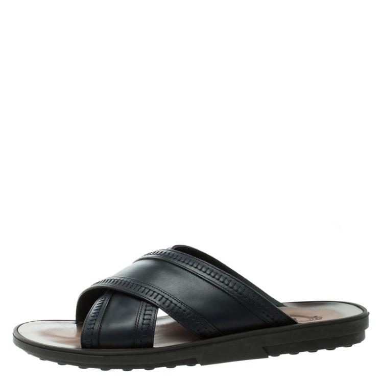 Pre Owned Tod's Navy Blue Leather Crossed Strap Slider Sandals Size 41.5