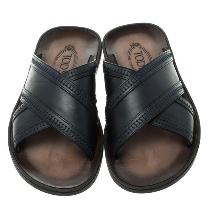 Pre Owned Tod's Navy Blue Leather Crossed Strap Slider Sandals Size 41.5
