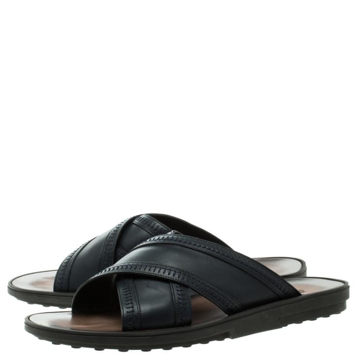 Pre Owned Tod's Navy Blue Leather Crossed Strap Slider Sandals Size 41.5