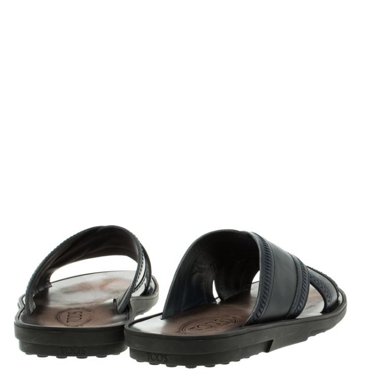 Pre Owned Tod's Navy Blue Leather Crossed Strap Slider Sandals Size 41.5
