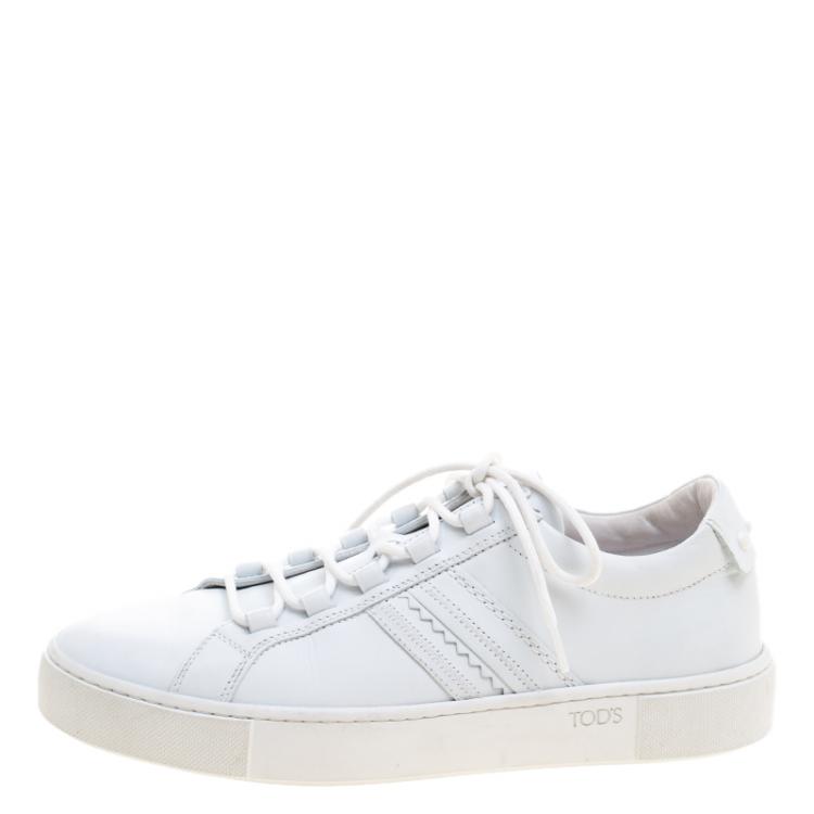 Pre Owned Tod's White Leather Embroidery Stitch Panel Lace Up Sneakers Size 39.5