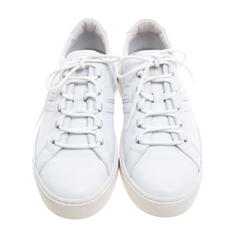 Pre Owned Tod's White Leather Embroidery Stitch Panel Lace Up Sneakers Size 39.5