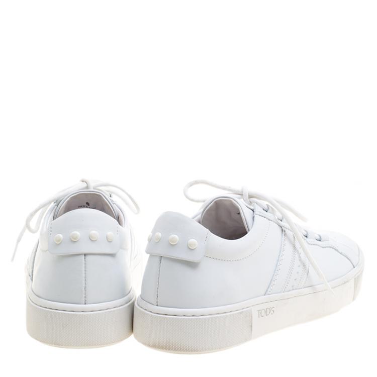 Pre Owned Tod's White Leather Embroidery Stitch Panel Lace Up Sneakers Size 39.5